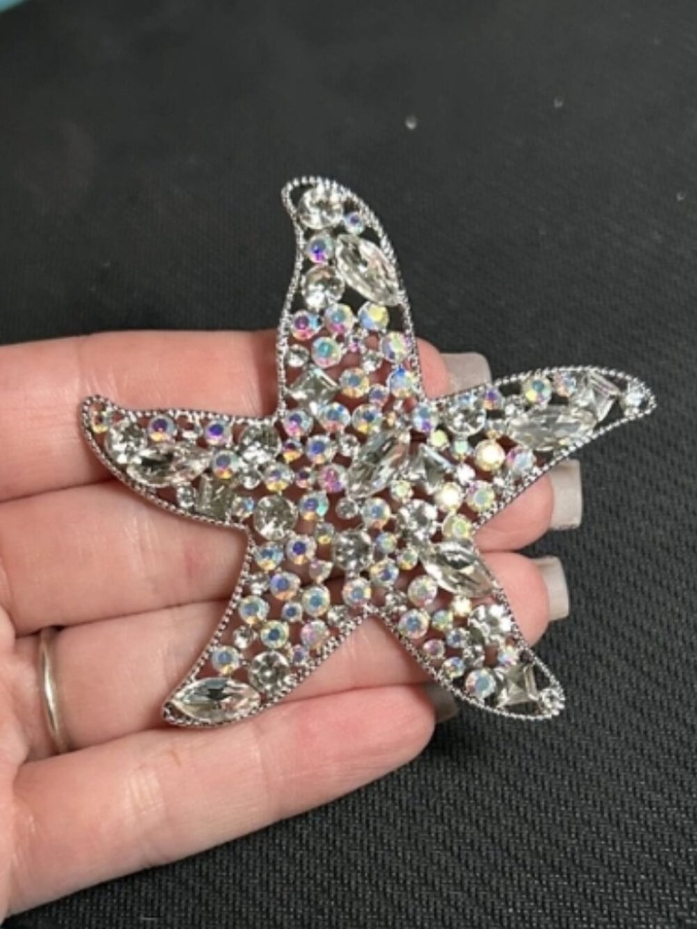 Silver Tone Aurora Borealis Rhinestone Starfish Brooch Pin Ocean Coastal